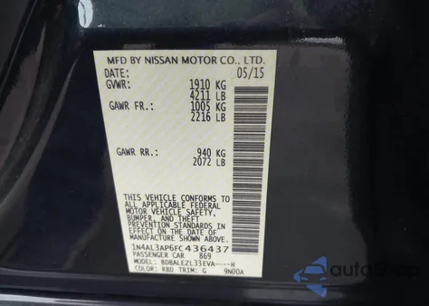 2015 Nissan Altima 2.5/S/Sv/Sl z USA, uszkodzony, nr VIN 1N4AL3AP6FC436437